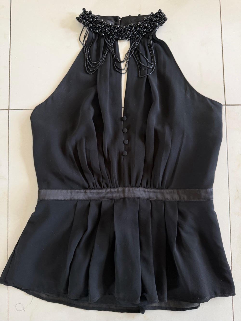 bebe Black Beaded Halter Peplum Top